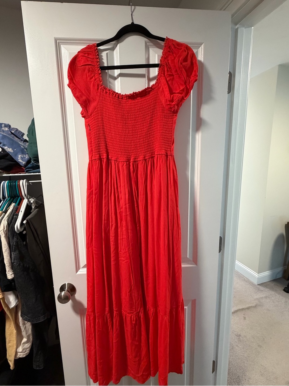 BOHME- Red Smocked Midi Dress with Puff Sleeves